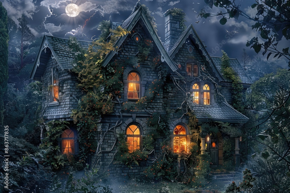 A spooky haunted house with broken windows, overgrown vines, and glowing lights inside, set against a backdrop of a full moon and a cloudy night sky A spooky haunted house with broken windows, overgrown vines, and glowing lights inside, set against a backdrop of a full moon and a cloudy night sky