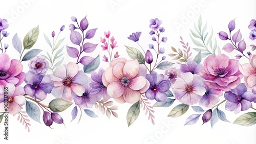 Fototapeta Naklejka Na Ścianę i Meble -  Delicate purple watercolor flowers cascade across a seamless border, set against a crisp white background, creating a whimsical and elegant design element.