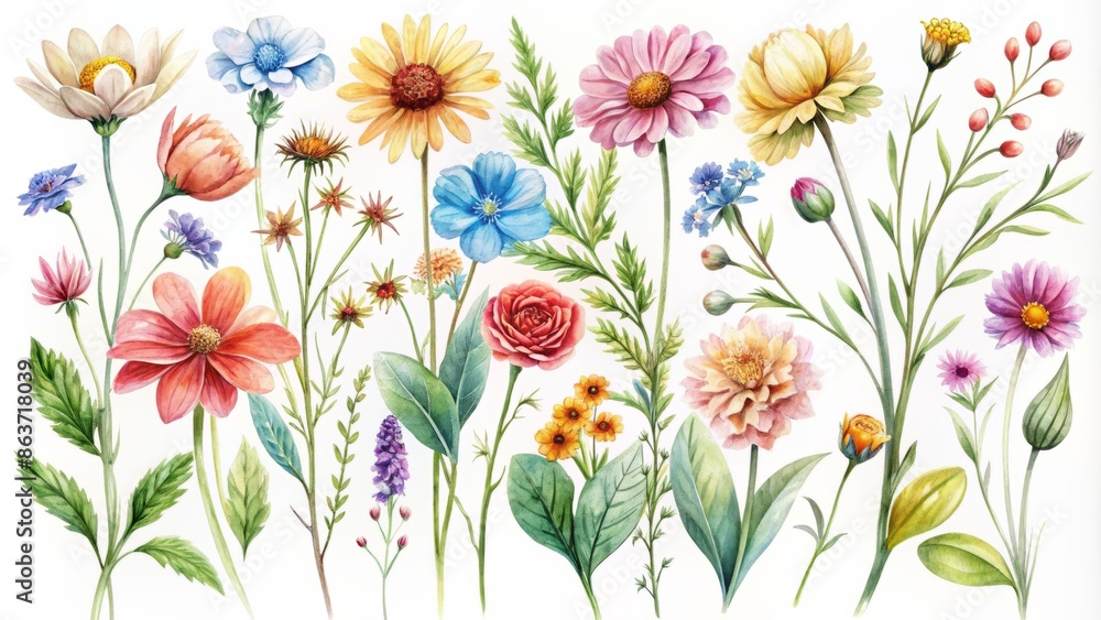 Vibrant set of hand-painted watercolor wildflowers in soft pastel hues isolated on a transparent background, perfect for nature-inspired decor and floral designs. Vibrant set of hand-painted watercolor wildflowers in soft pastel hues isolated on a transparent background, perfect for nature-inspired decor and floral designs.
