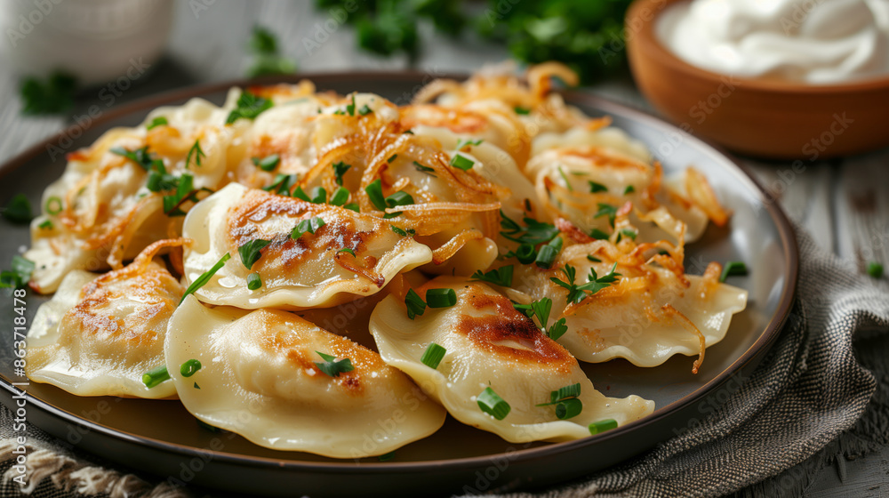 Homemade polish pierogis with sour cream and fried onions Homemade polish pierogis with sour cream and fried onions