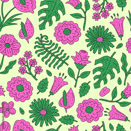 Enchanted Garden Floral Seamless Pattern. Elegant hand drawn botanical background with various wildflower blossoms and leaf. Modern funky aesthetic. Repeat vector illustration