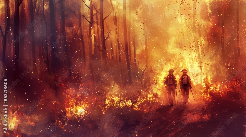 Fototapeta premium Enigmatic firefighters battling intense forest fire at dusk