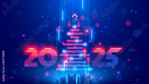 Christmas poster with christmas tree, digits 2025 in electronic technology style. New year, merry christmas congratulations card in cyber computer design. Tech digital banner of event in 2025 year.
