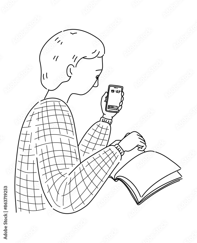 A man looking at mobile phone while reading book in ADHD adults concept. A man looking at mobile phone while reading book in ADHD adults concept.