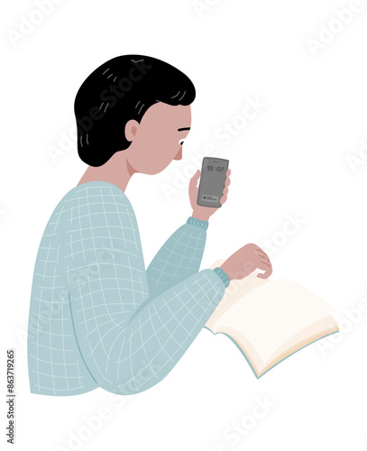 A man looking at mobile phone while reading book in ADHD adults concept.
