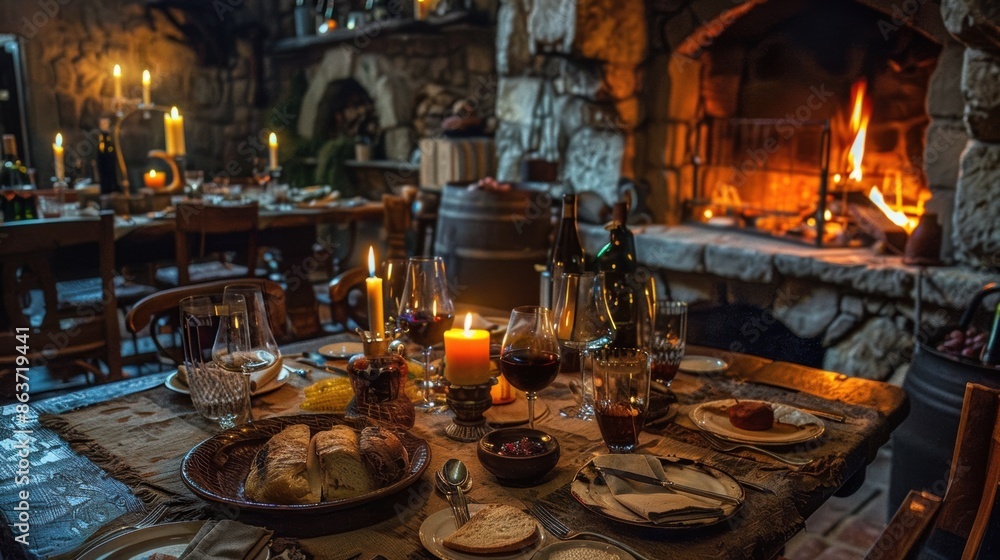 A table set with wine glasses and plates A table set with wine glasses and plates