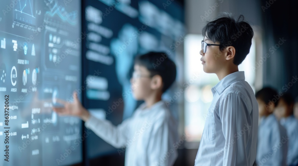 Modern classroom with a teacher explaining a concept on a digital whiteboard, attentive students, innovative education setting Modern classroom with a teacher explaining a concept on a digital whiteboard, attentive students, innovative education setting