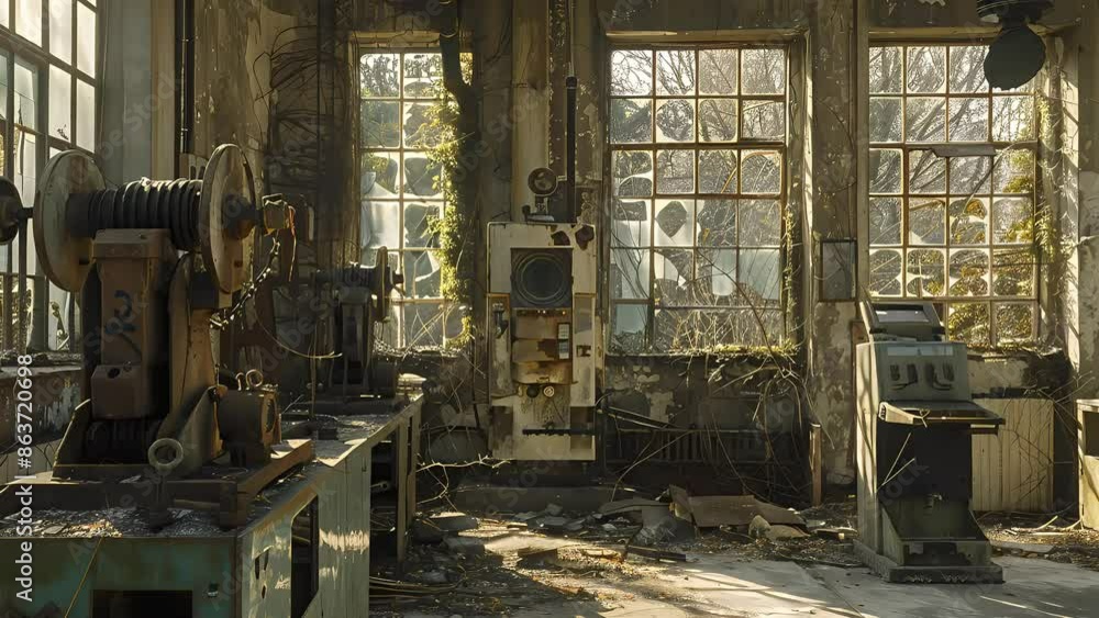Old abandoned factory with rusted machinery and broken windows letting in streams of sunlight
Old abandoned factory with rusted machinery and broken windows letting in streams of sunlight