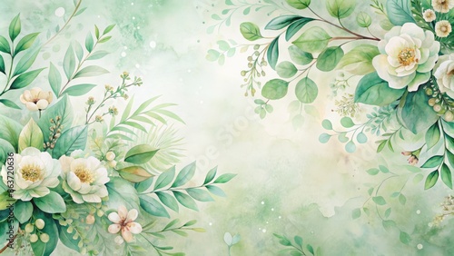 Fototapeta Naklejka Na Ścianę i Meble -  Delicate watercolor background featuring soft green leaves and blooming flowers in calming hues, perfect for elegant wedding or party invitation templates.