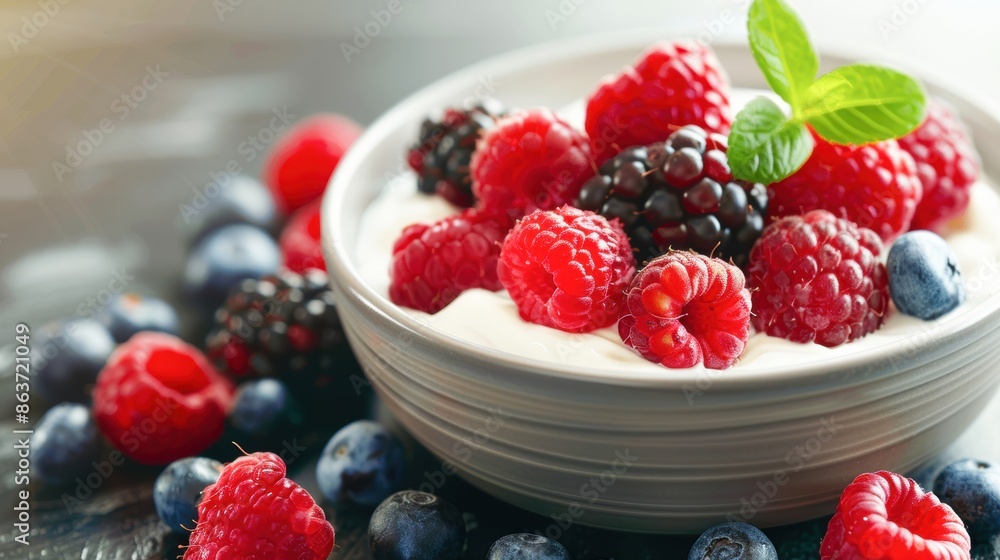 Bowl of mixed berries and yogurt, fresh and colorful ingredients, nutritious and appealing breakfast photography Bowl of mixed berries and yogurt, fresh and colorful ingredients, nutritious and appealing breakfast photography