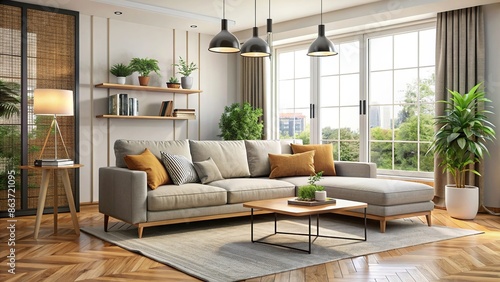 Modern living room featuring a comfortable sofa , contemporary, interior design, comfortable, stylish, minimalist, cozy © joompon