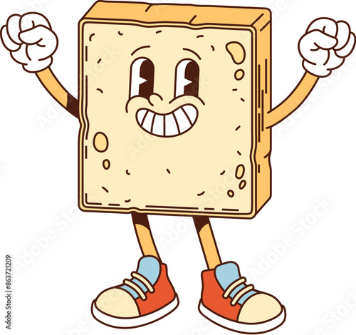 Toast retro groovy breakfast character. Isolated cartoon vector joyful slice of bread with a smiling face, wearing sporty sneakers, standing with raised arms, embodying funky vibes and healthy food