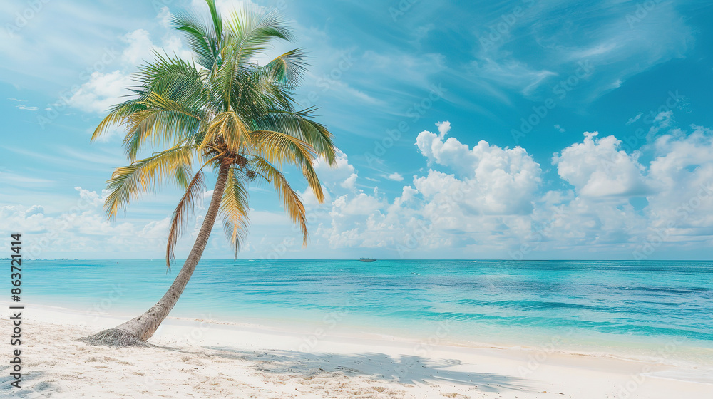Beautiful palm tree on tropical island beach on background blue sky with white clouds and turquoise ocean on sunny day. Perfect natural landscape for summer vacation Beautiful palm tree on tropical island beach on background blue sky with white clouds and turquoise ocean on sunny day. Perfect natural landscape for summer vacation