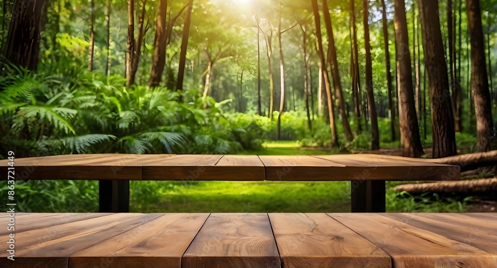 wooden table in front with gree blur background wooden table in front with gree blur background