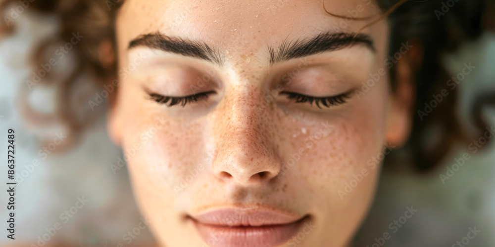 Fototapeta premium Woman with closed eyes smiles near water after spa treatment