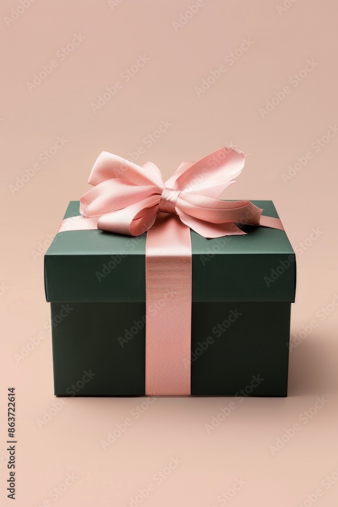 A green gift box with pink ribbon creates an elegant and luxurious atmosphere. The overall composition is symmetrical, highlighting the contrast between dark green and soft pink A green gift box with pink ribbon creates an elegant and luxurious atmosphere. The overall composition is symmetrical, highlighting the contrast between dark green and soft pink