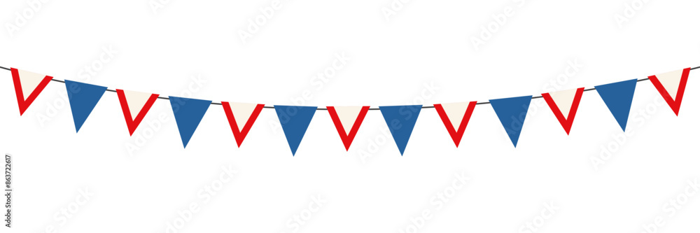 Obraz premium Bunting garland, party flags in red, blue and white colors. Patriotic pennant decoration. Vector illustration.