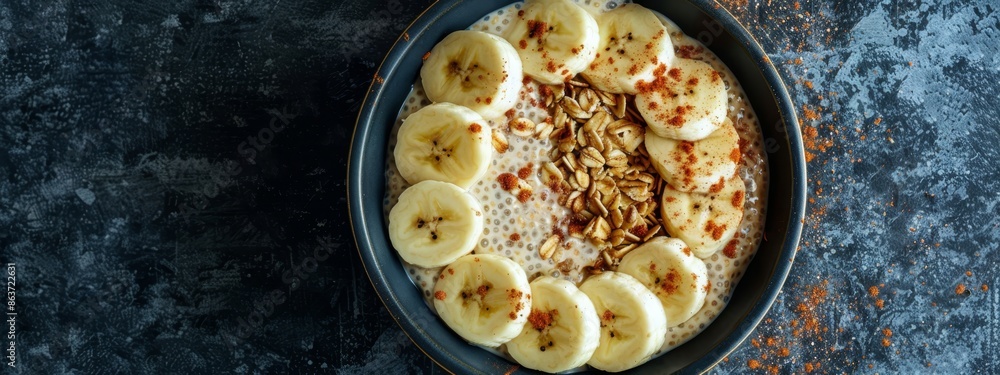 A blue plate holds a bowl of oatmeal topped with sliced bananas and almonds A blue plate holds a bowl of oatmeal topped with sliced bananas and almonds