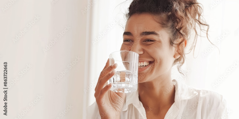 Woman smiling and holding a glass of water Woman smiling and holding a glass of water