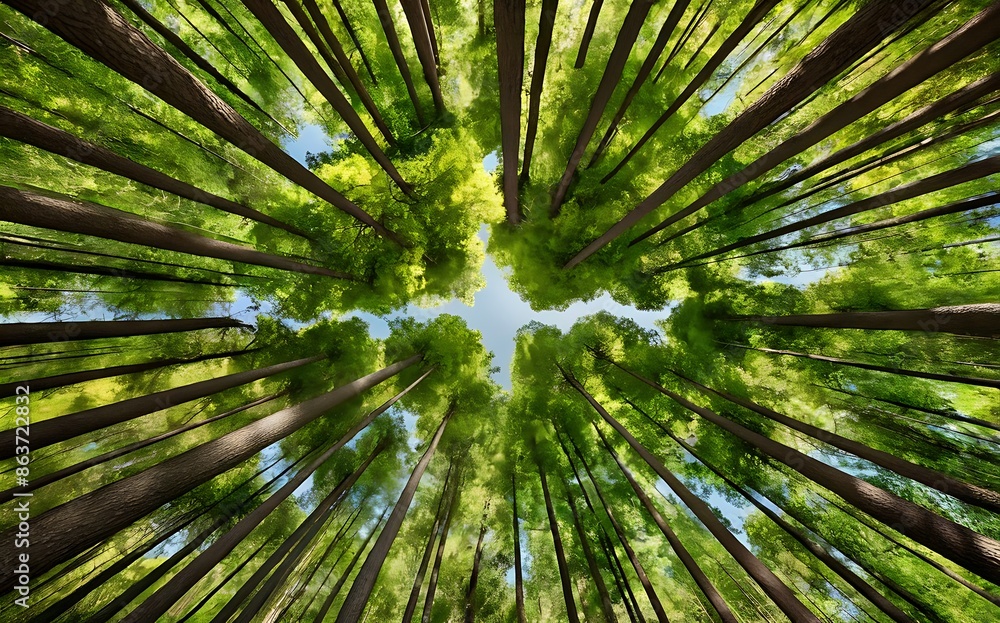 Looking up at the green tops of trees. Looking up at the green tops of trees.