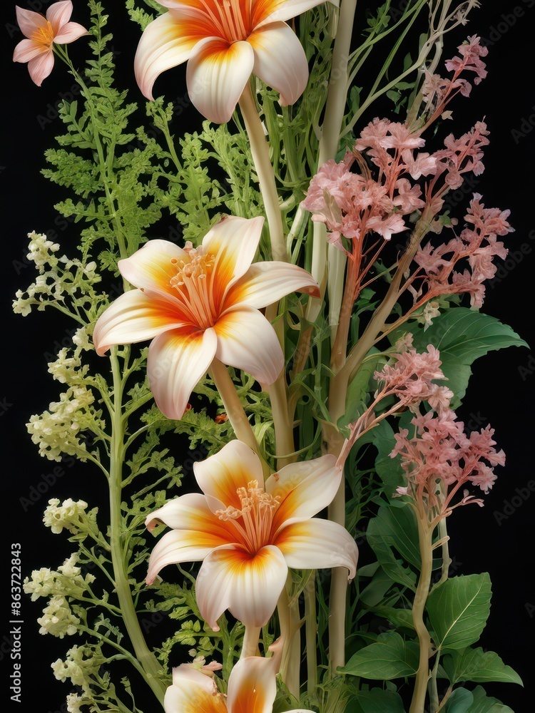 Fototapeta premium Orange and White Lilies with Pink Flowers and Green Leaves.