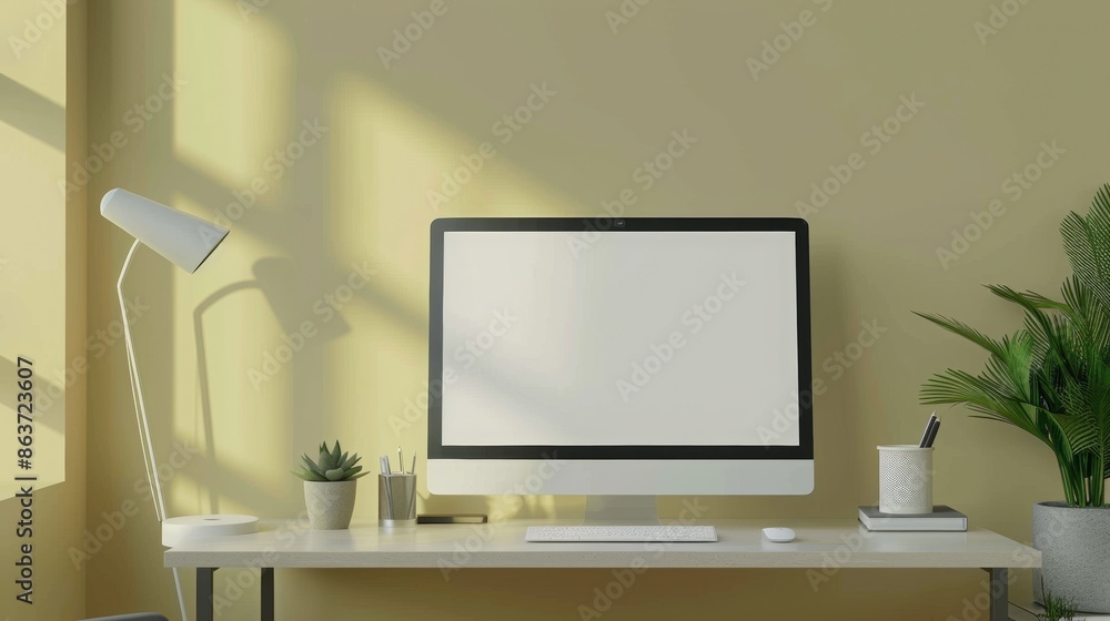 There is a desktop computer in the background of a simple room. There is a desktop computer in the background of a simple room.