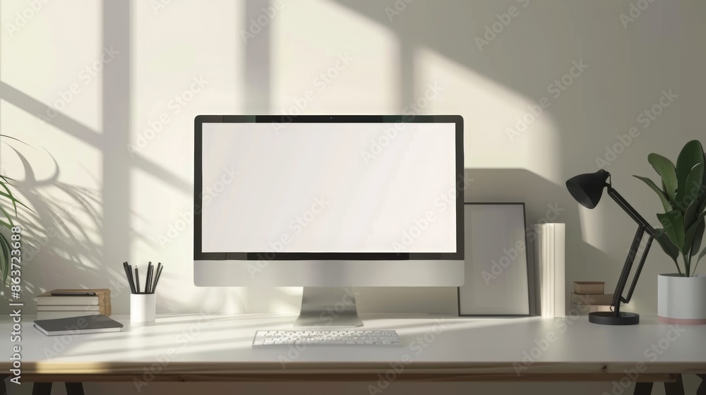 Desktop computer in the background of a minimalist room. White background Desktop computer in the background of a minimalist room. White background