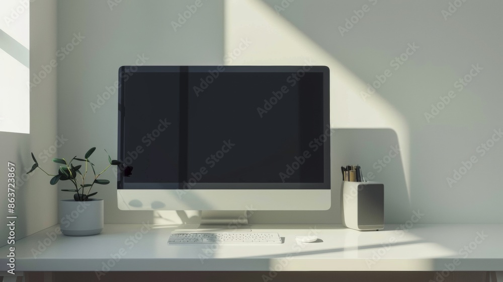 Desktop computer against a simple room background. Desktop computer against a simple room background.