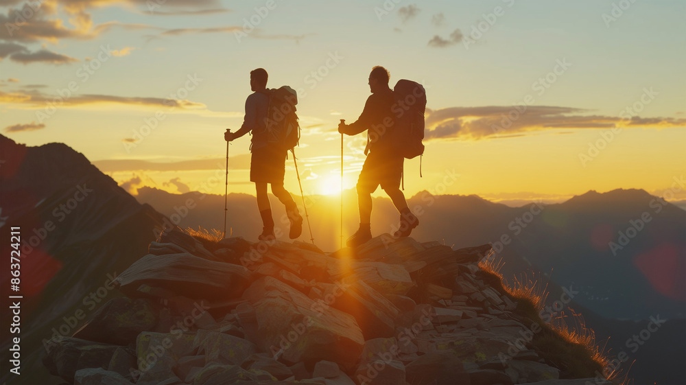 Obraz premium Bergwanderer in den Alpen bei Sonnenuntergang 