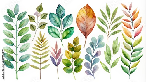 Collection of watercolor leaf stalks in various shades and shapes , watercolor, leaf stalk, painting, art, collection, greenery photo