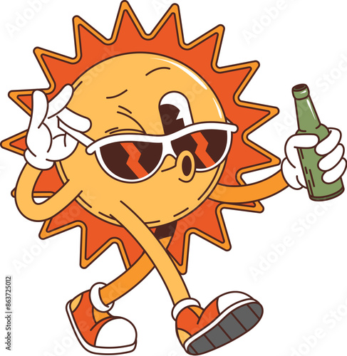 Retro groovy sun character with juice drink bottle and stylish sunglasses. Isolated vector summer solar personage with lively, carefree expression and rays, enhancing cheerful holidays vacation vibes