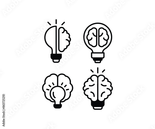 light bulb with brain icons symbol sign vector design black white color simple line illustration collections set