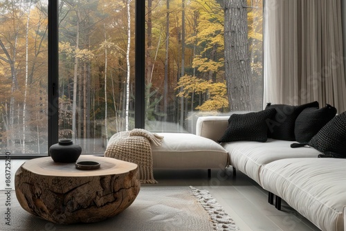 Minimalist Living Room with White Sofa, Black Pillows, Knitted Pouf, and Live Edge Coffee Table Facing Forest View