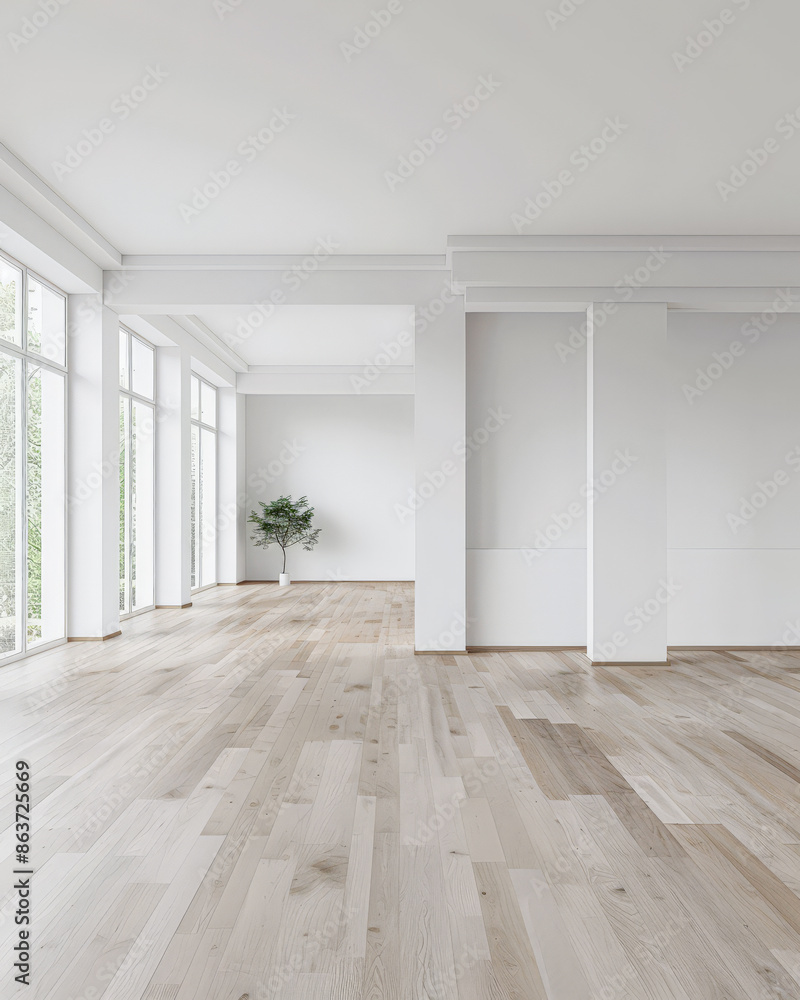 Fototapeta premium Empty room in a luxury property in neutral tones with natural lighting and no furniture. Interiors composition with copy space for advertising.