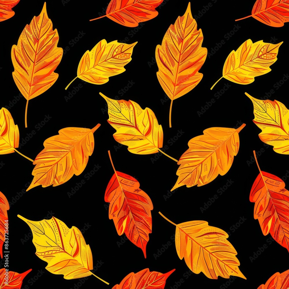 Obraz premium Seamless pattern with colorful autumn leaves on a black background. Fall foliage illustration for fabric, wrapping paper, or wallpaper design.