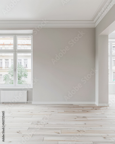 Empty room in a luxury property in neutral tones with natural lighting and no furniture. Interiors composition with copy space for advertising.