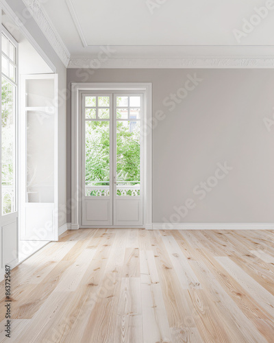 Empty room in a luxury property in neutral tones with natural lighting and no furniture. Interiors composition with copy space for advertising.