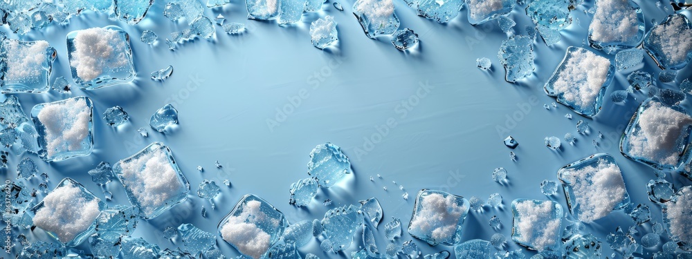 A blue backdrop accommodates an arrangement of ice cubes, leaving a vacant space for text or insertion of an image A blue backdrop accommodates an arrangement of ice cubes, leaving a vacant space for text or insertion of an image