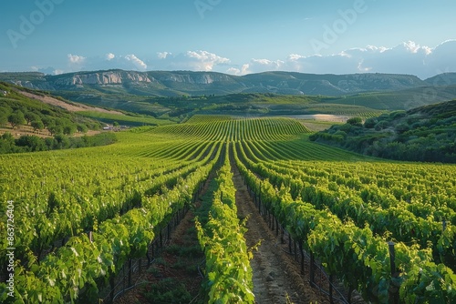 A picturesque vineyard with rows of grapevines stretching into the distance, under a clear blue sky. 