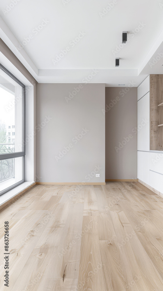 Fototapeta premium Empty room in a luxury property in neutral tones with natural lighting and no furniture. Interiors composition with copy space for advertising.
