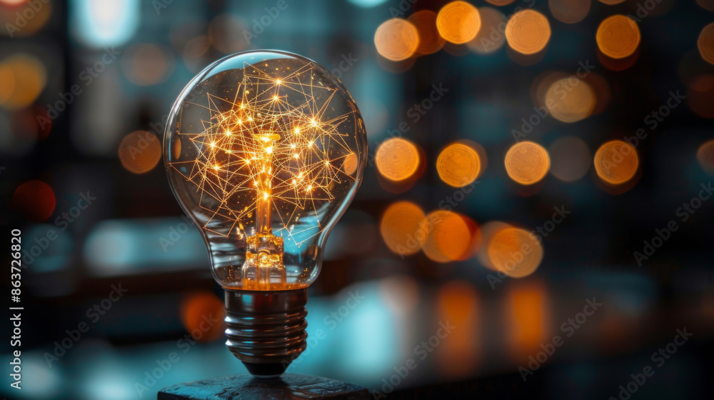 A glowing light bulb with abstract light patterns inside, set against a blurred bokeh background. A glowing light bulb with abstract light patterns inside, set against a blurred bokeh background.