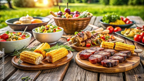 Grilled meat, corn, and salads on wooden table at outdoor barbecue party, barbecue, grilling, food, picnic