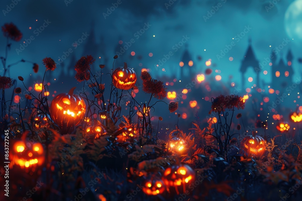 Glowing Jack-O-Lanterns in a Spooky Forest Glowing Jack-O-Lanterns in a Spooky Forest