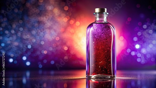 Glistening purple elixir in a clear bottle with shiny red accents, elixir, potion, purple, infusion, magic, mystical, fantasy photo