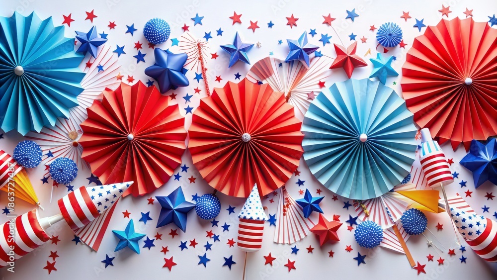 Obraz premium Vibrant festive banner with firework rockets, american flag-inspired paper fans, and confetti stars on a white background celebrates independence day.