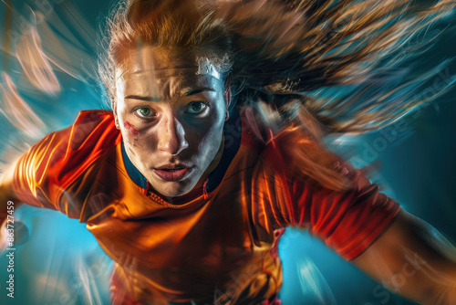 Abstract Rugby female player in mid-play, powerful and determined, captured with dynamic motion and photographic realism.