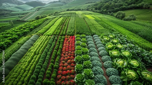 Fields of grain crops of different shapes, photographed from above, are a colorful view of agriculture.