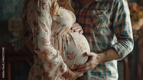 husband and wife embrace belly of pregnant wife in front view close up background illustration generated by ai