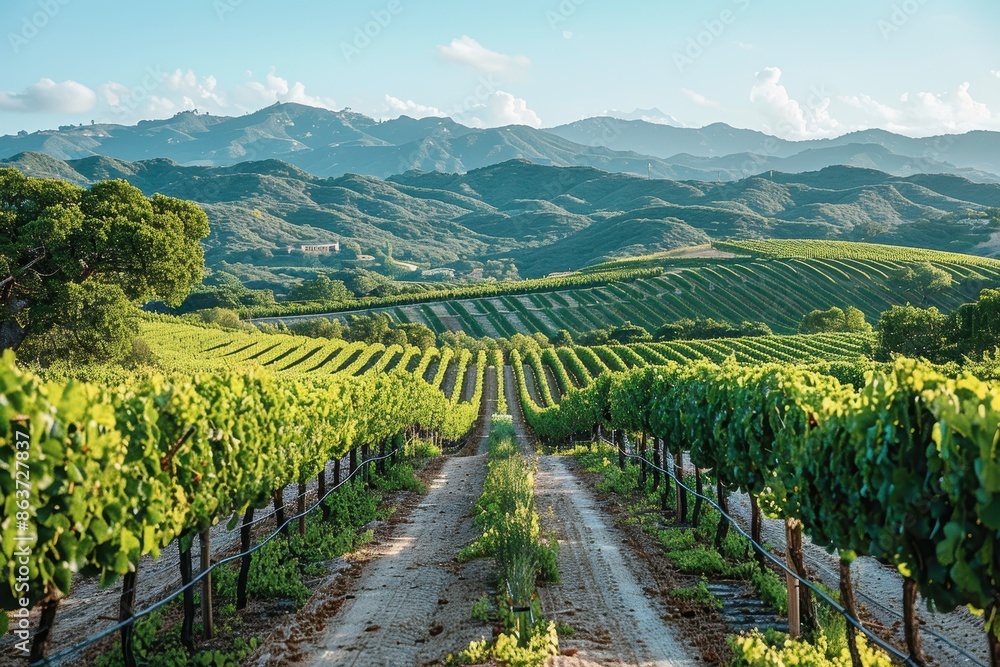 Fototapeta premium A picturesque vineyard with rows of grapevines stretching into the distance, under a clear blue sky. 