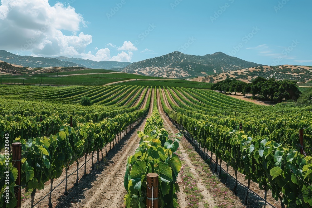 Naklejka premium A picturesque vineyard with rows of grapevines stretching into the distance, under a clear blue sky. 
